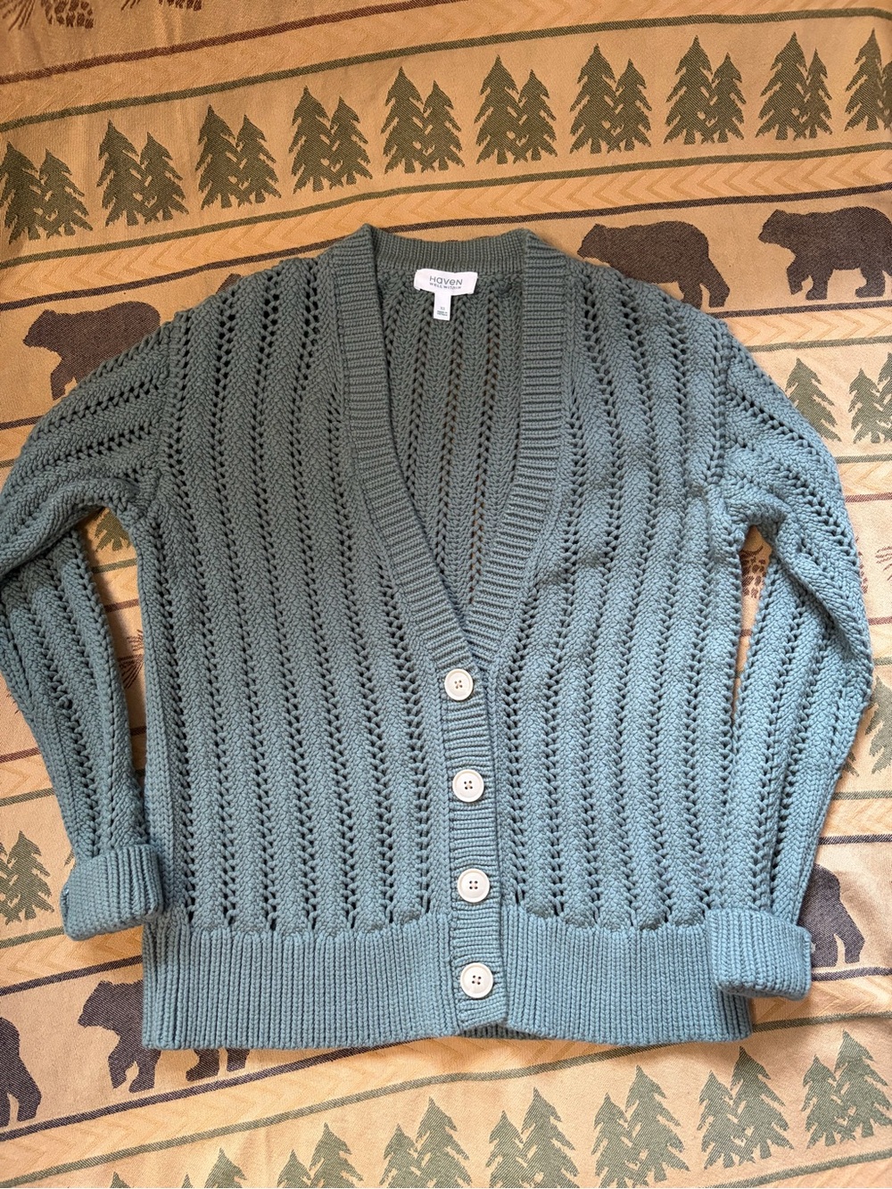 Haven Well Within Open-Knit Button Cardigan in Sage Green